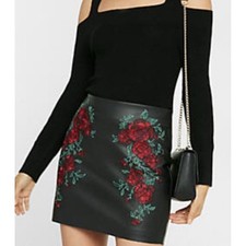 Express Embroidered Black Faux Leather Mini Skirt Size 2, Red Floral Detail