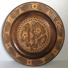 Vintage Hand Carved Intricate Floral Wooden Decorative Round 16" Folk Art Plate