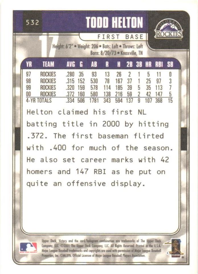 2001 Upper Deck Victory #532 Todd Helton Colorado Rockies - Image 2 of 2