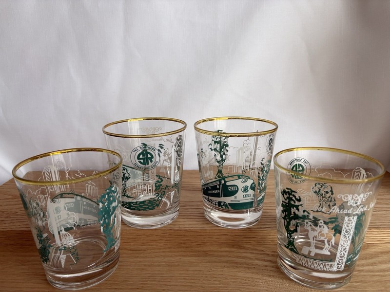 Railroad Glass Southern Railway Glasses Set 4 Gold Rim Lowball Barware 1960s