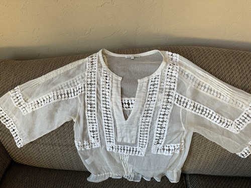 Daniel Rainn Blouse Boho Crochet Embroidered Hippie Ivory Sheer Women’s Small