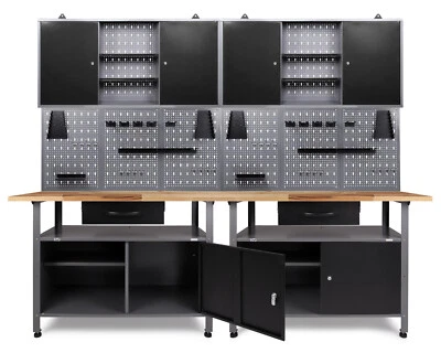 Ondis24 Werkstatt Set 240cm 2x Werkbank Metall 2x Werkzeugschrank Lochwand Haken
