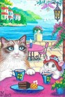 4X6 Postcard Ryta Vintage Style Art Ragdoll Cat Vacation Sea Seascape Tea Cup