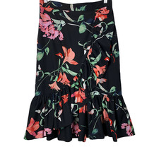 Eliza J Size 10 Skirt Floral Ruffled High Waisted Knee Length Black Red Pink