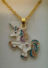 Pretty New Shiny Yellow Gold Plated Enamel Unicorn Charm 18" Pendant Necklace
