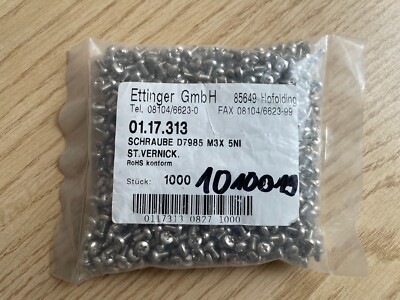Schrauben M3 x 5 Stahl vernickelt 1000 Stück Ettinger GmbH RoHs konform 01.17.31