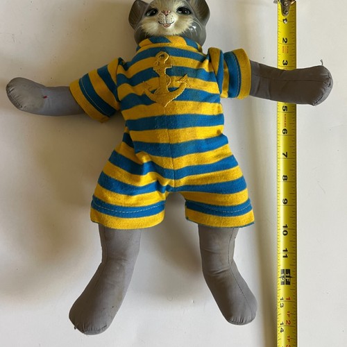 Vintage Porcelain Head Posable Kitty Cat Hand Painted Striped Sailor Plush Body - Picture 11 of 11