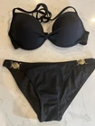 Victoria's Secret Swim BOMBSHELL BIKINI Set Black Gold Accents 36C S/P Push Up