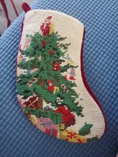 Vtg. Wool Hand Made 10"Needlepoint Christmas Stocking Old world Christmas Tree