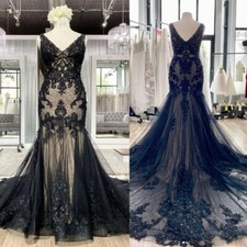 Gothic Black Mermaid Wedding Dresses with Court Train Lace Appliques Bridal Gown