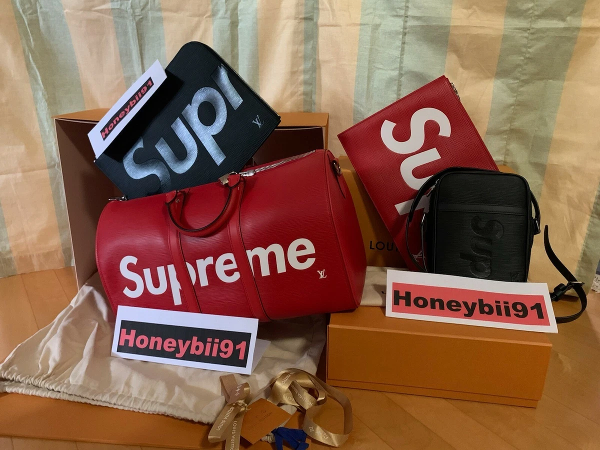 Louis Vuitton X Supreme Red Epi Keepall Bandouliere Duffle Bag 45 at  1stDibs  supreme x lv duffle bag, supreme louis vuitton duffle bag, louis  vuitton supreme duffle bag