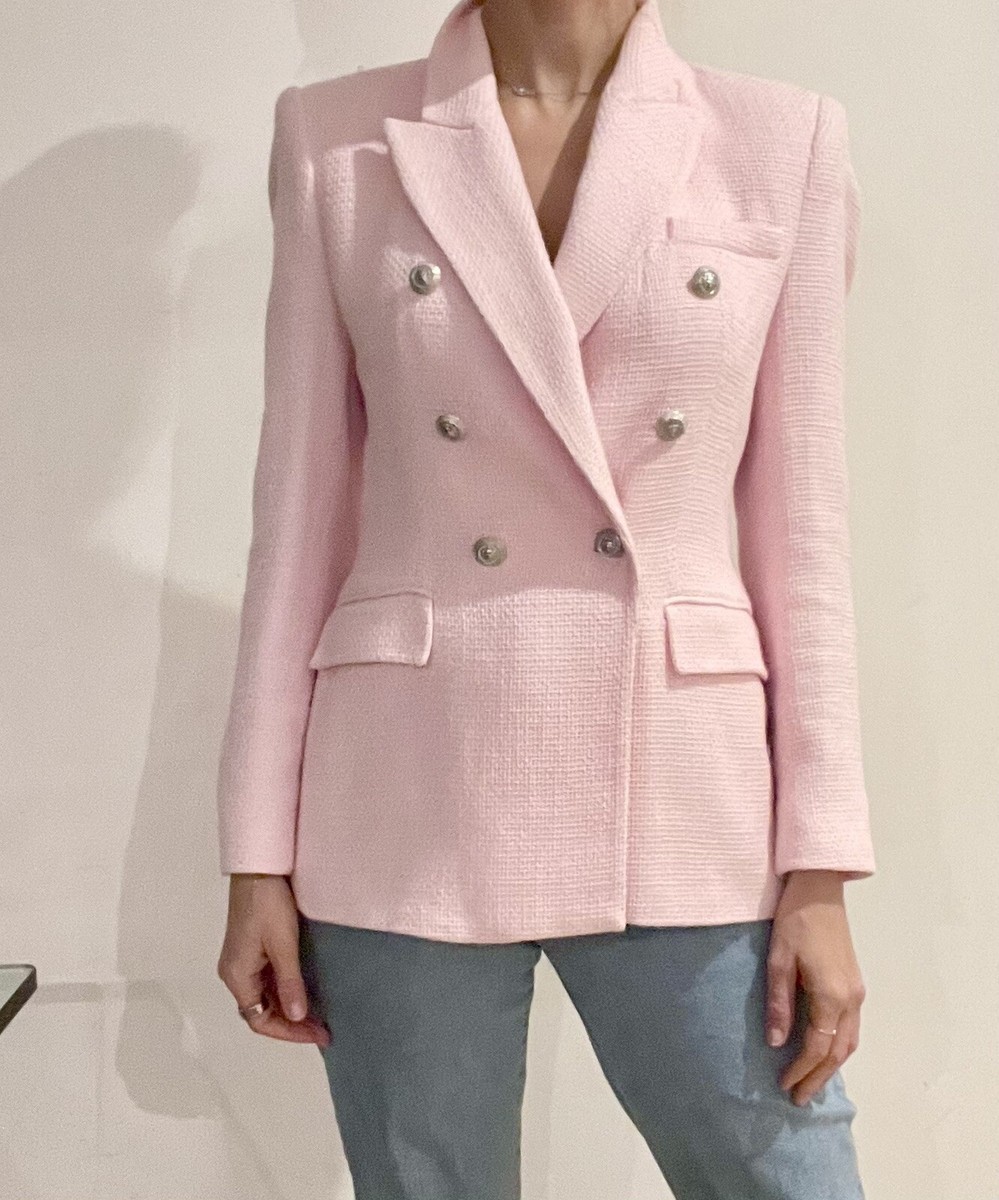 Zara Baby Pink Textured Tweed Boucle Padded Shoulder Blazer Zara Baby Pink Textured Tweed Boucle Padded Shoulder Blazer