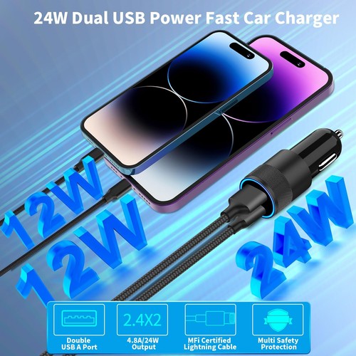 Apple MFi Certified iPhone Car Charger Fast Charging 4.8A Dual USB Power Car ... - Photo 5 sur 9