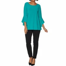 Women with Control Flounce Sleeve Top w/ Slim Ankle Pant Green Petite X-Small