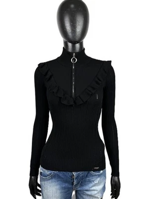 Guess Maillot femme XS noir slim coupe zippée col volant haut viscose - Photo 1/4