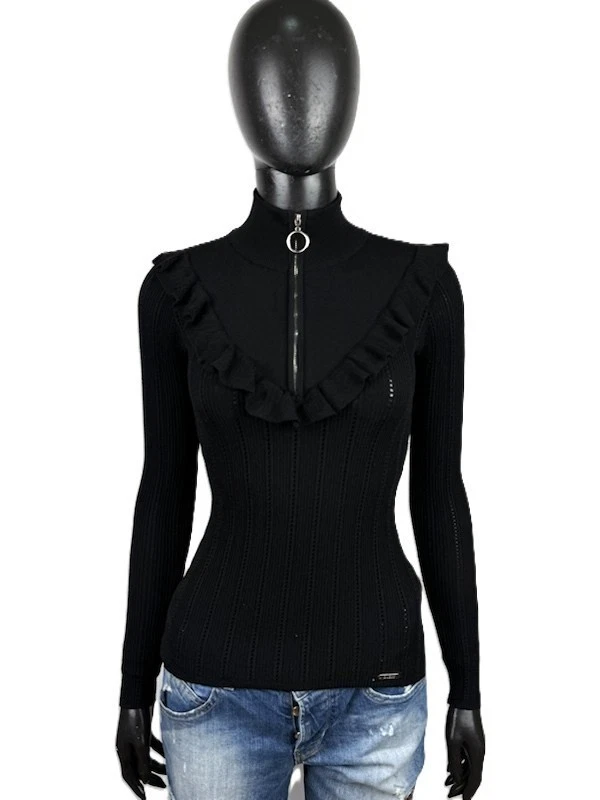 Guess Maillot femme XS noir slim coupe zippée col volant haut viscose - Photo 1/4