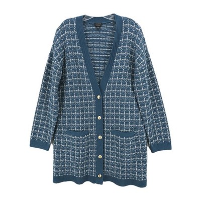 TALBOTS Textured Tweed Boucle Plaid Merino Wool Cardigan Blue Gray LARGE