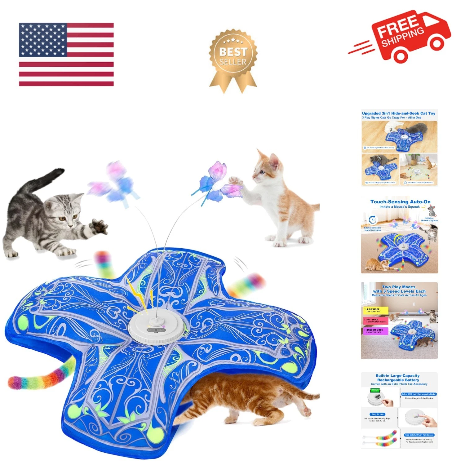 Interactive Cat Toys for Indoor Cats,[Newly Upgraded] Rechargeable Touch Acti...