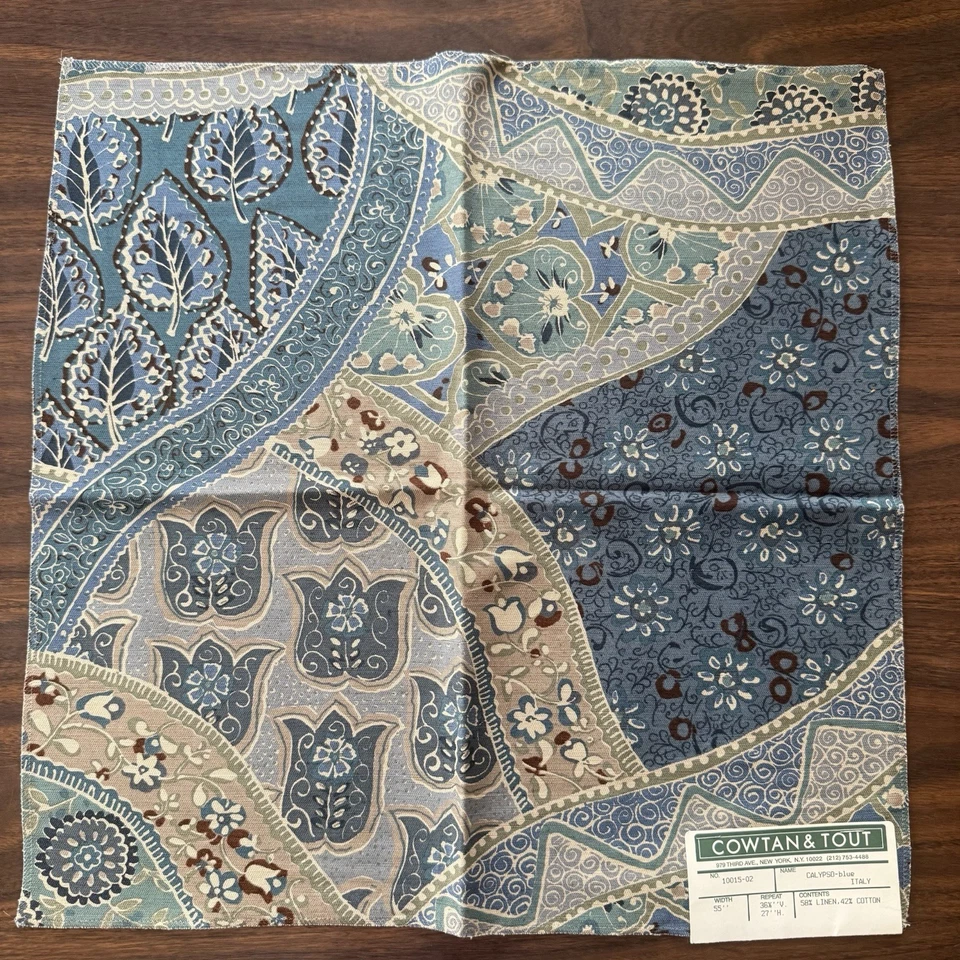 Cowtan & Tout Botanical Vintage Rare Fabric 18” x 28” Sample Linen Calypso Blue - Image 2 of 3