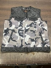 Mens Biker Motorcycle Club Vest Genuine Leather Textile Camo Riding Waistcoat