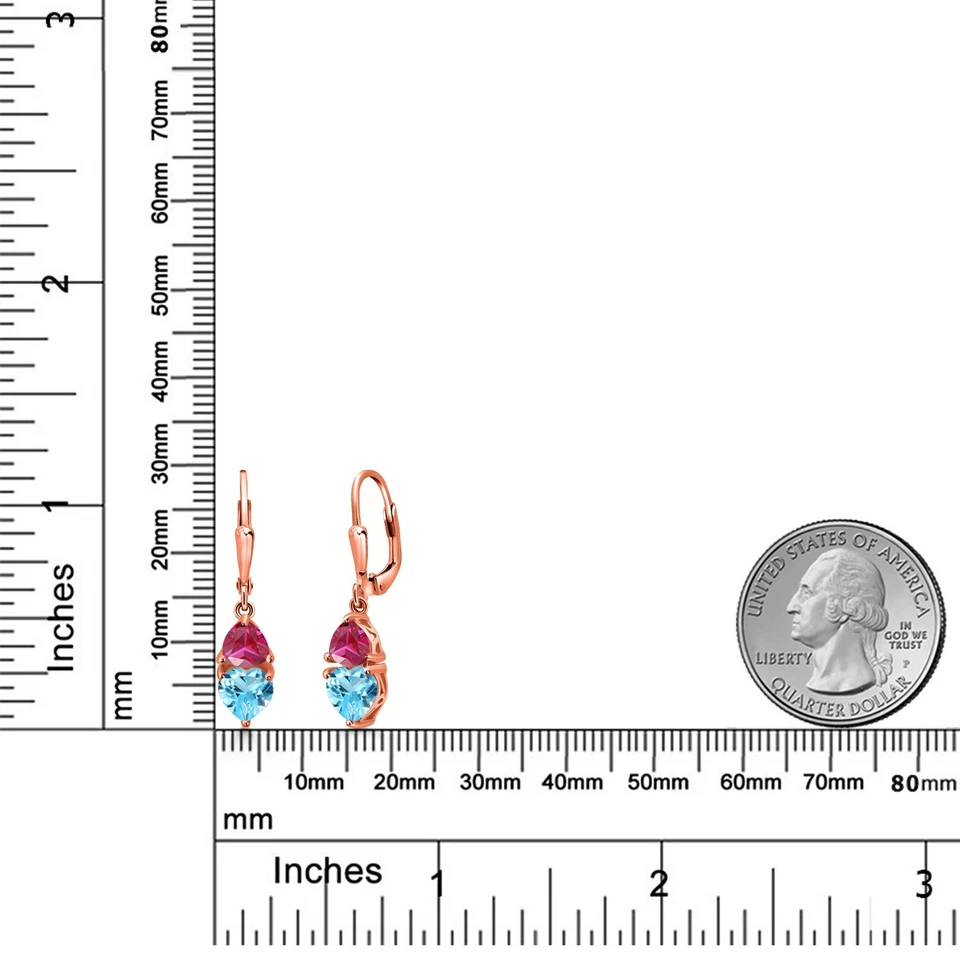 2.76 Ct Swiss Blue Topaz Red Created Ruby 18K Rose Gold Plated Silver Earrings - Image 3 of 4