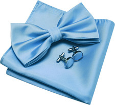 Mens Solid Color Double Fold Pre-tied Bow Tie and Pocket Square Cufflink Set wit