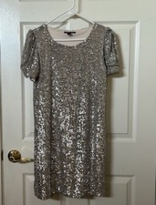 Cable & Gauge Sequin Cocktail Shift Dress Womens Size S Silver Sparkle Holiday
