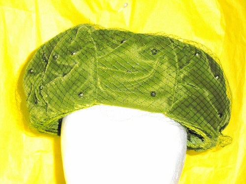 Vintage Ladies Hat Olive Green Studded Crushed Vel