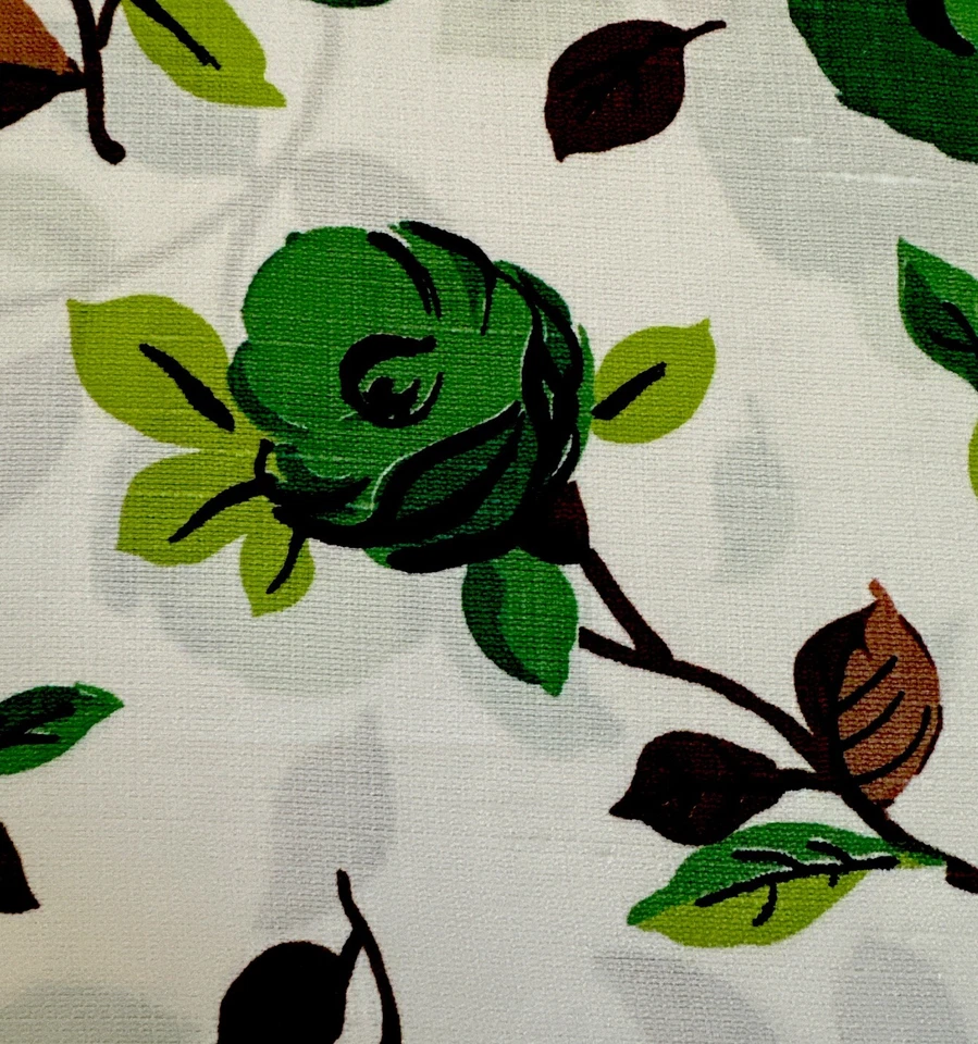 Tela de lino de algodón de colección de los años 60 W44”x 5 yardas amapolas verdes sobre cortinas acolchadas blancas Foto 2 de 4