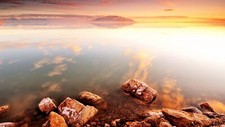 Landscape nature lake water stones sky sunlight orange Custom Gaming Mat Desk