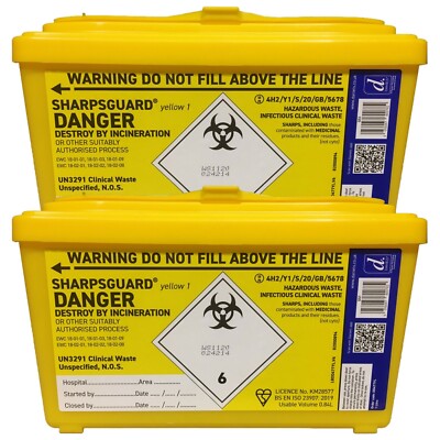 2x SECURE 1L SHARPS BIN Yellow Insulin Spritzen/Nadeln Clinical Box/Container