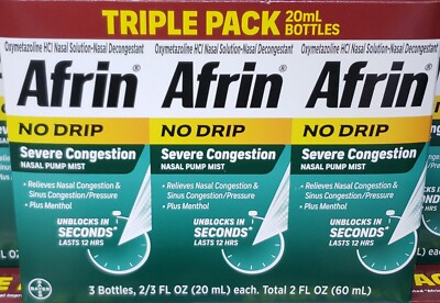 NIB Afrin No Drip Severe Congestion spray. 3 pk/20ml bottles EXP 7/27