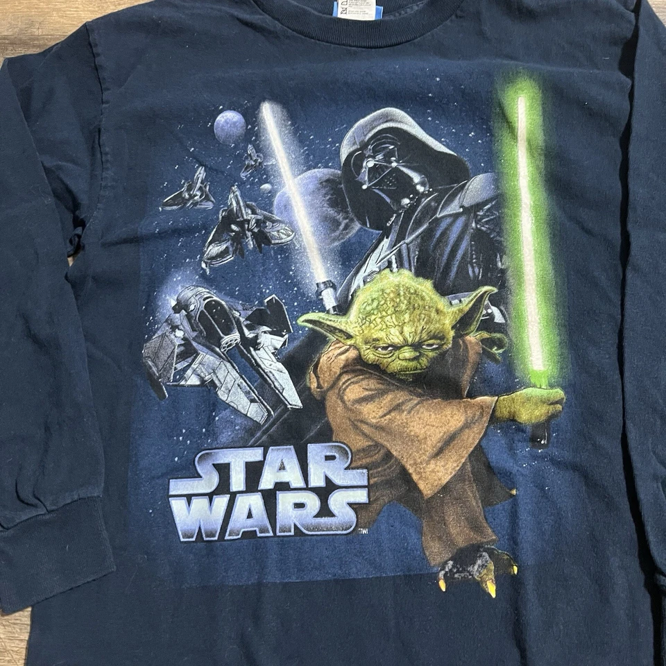 Vintage Star Wars Shirt Long Sleeve Youth Boys L Large Yoda Darth Vader Blue - Image 4 of 4