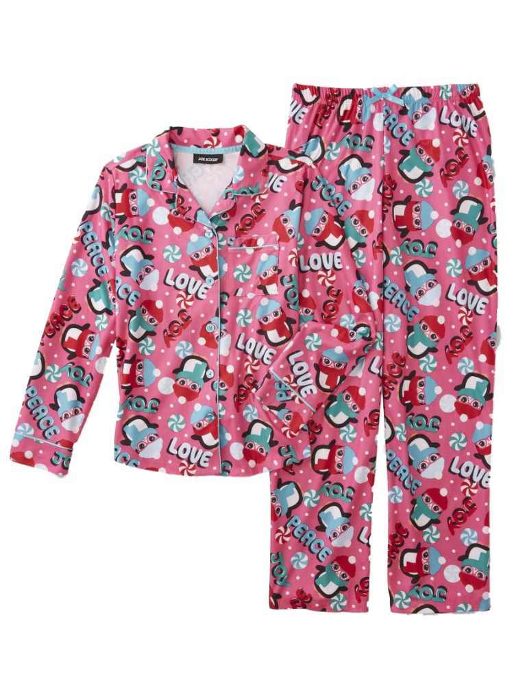 Girls Pink Flannel Penguin Christmas Pajamas Peace Love Holiday