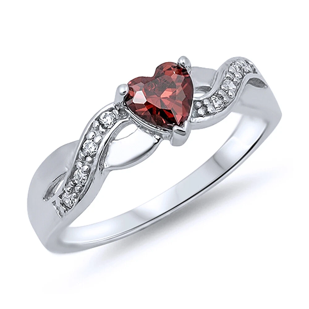 Women Sterling Silver Heart Dark Red Color CZ Promise Ring 5MM
