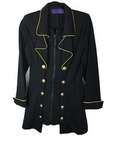 Haute Couture Trench Military Black Jacket Sz M Stretch Gold Buttons Zip Front