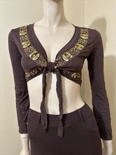 Women’s Brown Rayon Casual Stretch Slim Short Beaded Embroidered Size M/L Bolero