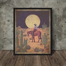 Vintage WESTERN COWBOY MOON Wall Art, Celestial Americana Desert Cactus Decor