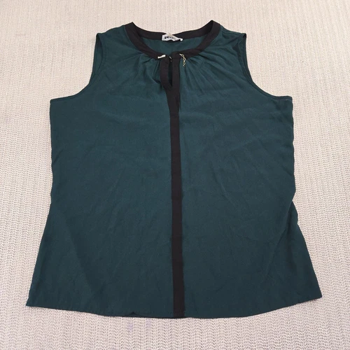 Calvin Klein Top Blouse Shirt Womens Medium Green Black Trim V-Neck Sleeveless