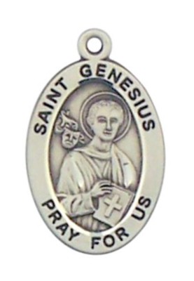 Patron Saint St Genesius 7/8" Oval Sterling Silver Medal on Rhodium ...