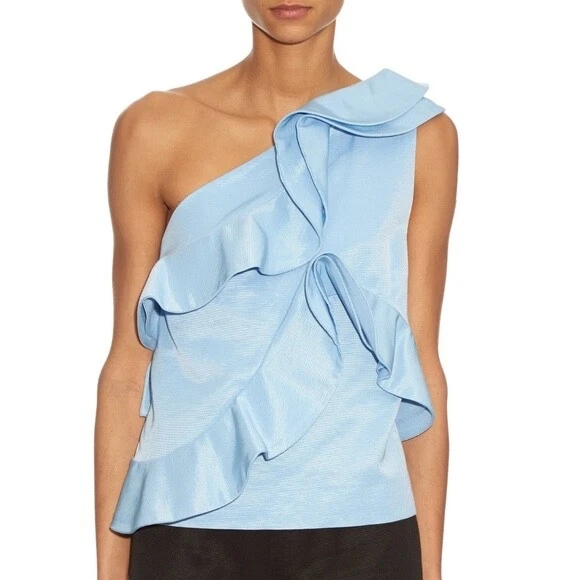 MSGM One Shoulder Ruffle Top in Light Blue Small Zip Closure New with Tag