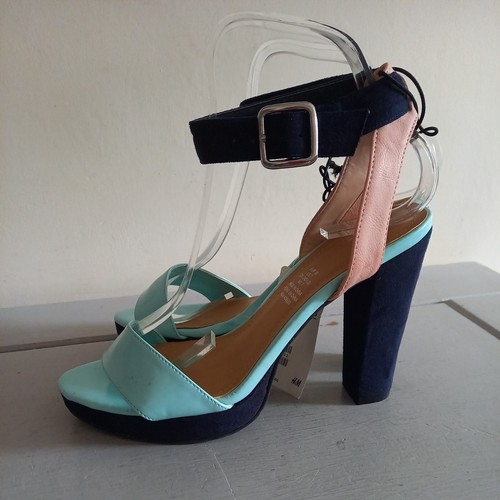 Sandalias H&M Azul Marino Rosa y Azul Correa al Tobillo Tacón Bloque Ocasión Vacaciones UK5 EU38 - Imagen 8 de 12
