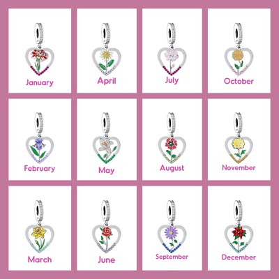 GEBURTSSTEIN & GEBURTSBLUME GEBURTSTAGSMONAT HERZ CHARM   925 STERLINGSILBER GESCHENK