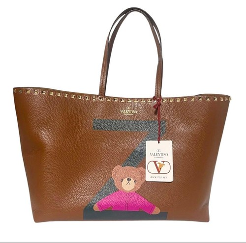 VALENTINO GARAVANI Women Rockstud Pet Tote Bag Leather Brown Gold from japan