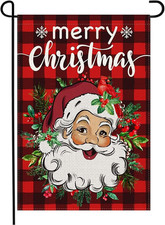 Merry Christmas Garden Flag 12x18 Inch Double Sided Burlap Santa Claus Red Buffa