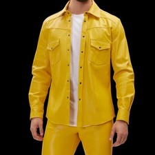 Men's Genuine Leather 100 Shirt Long Sleeves Leather Shirt - Yellow