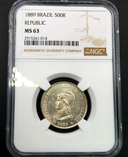 500 Réis 1889 Phrygian capped Liberty Head Republic of Brazil MS63 NGC Silver!!