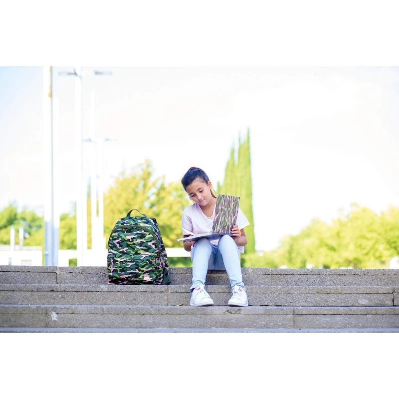 Sac à dos - Scolaire - 2 compartiments - Vert treillis militaire et rose - 30 x  - Photo 2/2