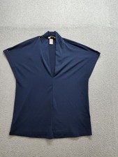 H&M Women Tops S Navy Blue Deep V Neck Cap Sleeve Pullover Stretched Logo Casual