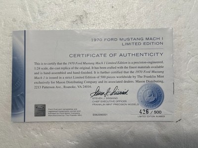 EXTREMELY RARE FRANKLIN MINT L/E 1970 FORD MUSTANG MACH 1 COA BOOKLET ONLY